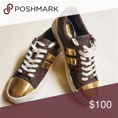 Michael Kors Catelyn Stripe Lace Up Brown and Gold Sneakers 